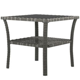 Rattan Side Table, Outdoor End Table with Storage Shelf, Aluminum Frame Square, Coffee Table with Tempered Glass Top, Mixed Gray