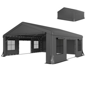 20' x 20' Heavy Duty Carport, Portable Garage Car Canopy Tent Shelter with 3 Roll-up Doors, 4 Windows, Dark Gray