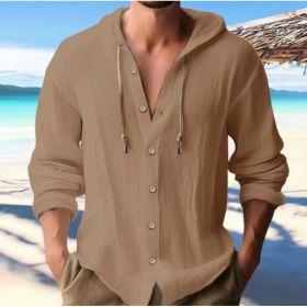 Cotton And Linen Shirt Hooded Sweater Button Long Sleeve (Option: Dark brown-M)