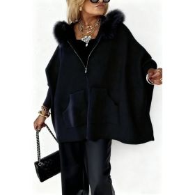 Ins Plush Hooded Cardigan Fashion Warm Pockets Zip-up Knitted Jacket Casual Outerwear Batwing Sleeve Sweater Women's Clothing (Option: Black-S)