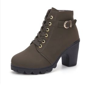 Fashoin Leopard Print Ankle Square Heel Suede Lace-up Zip Boots Women Casual Versatile Shoes Autumn And Winter (Option: Army Green-37)