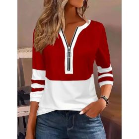 Women's V-collar Contrast Color Striped Loose Zip Long-sleeved T-shirt (Option: Red-Xl)