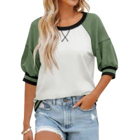 Fisoew Womens Crewneck Sweatshirt Ribbed Raglan Half Sleeve Pullover Tops Color Block Loose Fit Sweatshirts (Option: Green-XXL)