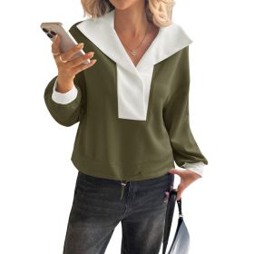 Fisoew Womens Cropped Oversized Sweatshirt Casual Lapel V Neck Long Sleeve Contrast Drawstring Loose Fit Fall Pullover Tops (Option: Army Green-S)