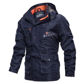 Men's Medium To Long Casual Outdoor Hooded Plus Size Jacket (Option: Navy blue-XXL)