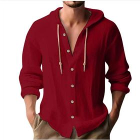 Cotton And Linen Shirt Hooded Sweater Button Long Sleeve (Option: Red-XXL)