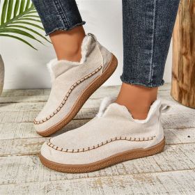 Fashion V-cut Plush Ankle Boots Winter Plus Velvet Flat Snow Boot Casual Warm Solid Suede Cotton Shoes For Women (Option: Milky White-Size43)