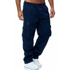 Men's Casual Multi-pocket Loose Straight Cargo Pants (Option: Navy Blue-M)