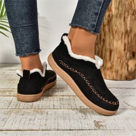 Fashion V-cut Plush Ankle Boots Winter Plus Velvet Flat Snow Boot Casual Warm Solid Suede Cotton Shoes For Women (Option: Black-Size37)