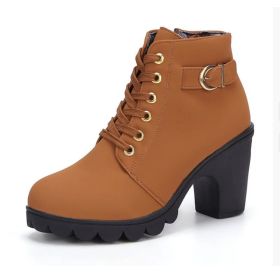 Fashoin Leopard Print Ankle Square Heel Suede Lace-up Zip Boots Women Casual Versatile Shoes Autumn And Winter (Option: Yellow-35)