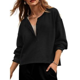 Fisoew Womens Cropped Sweatshirt Casual Waffle Knit Button V Neck Long Sleeve Loose Fit Fall Crop Tops (Option: Black-XXL)
