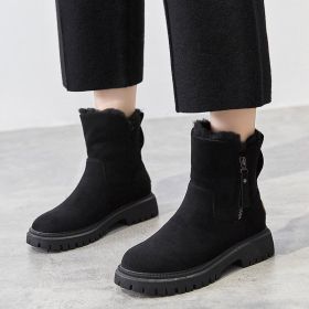 Middle Tube Plush Warm Cotton Shoes Leather And Fur Integrated Winter Women's Boots (Option: Black-43)