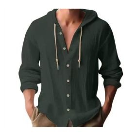Cotton And Linen Shirt Hooded Sweater Button Long Sleeve (Option: Dark green-L)