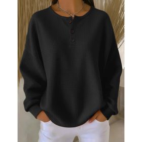 Round Neck Waffle Solid Color Pullover Loose Top (Option: Black-S)