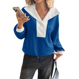 Fisoew Womens Cropped Oversized Sweatshirt Casual Lapel V Neck Long Sleeve Contrast Drawstring Loose Fit Fall Pullover Tops (Option: Blue-Xl)