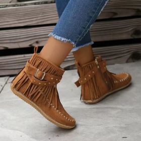 Retro Ankle Boots With Rivet Tassel Flat Shoes Women Winter Boots (Option: Dark Brown-42.)