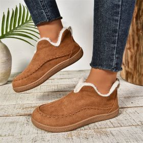 Fashion V-cut Plush Ankle Boots Winter Plus Velvet Flat Snow Boot Casual Warm Solid Suede Cotton Shoes For Women (Option: Light Brown-Size43)