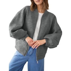 Fisoew Womens Zip Up Sweatshirt Casual Bomber Jacket Lantern Sleeve Oversized Jacket Fall Outfits 2025 (Option: Dark Grey-L)