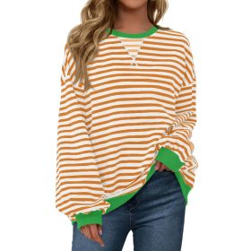 Fisoew Womens Striped Oversized Sweatshirt Color Block Crew Neck Long Sleeve Shirt Casual Loose Pullover Top Y2K Clothes (Option: Orange-3XL)
