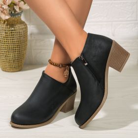 Chunky Heel Round Toe Ankle Boots With Side Zipper Design Fashion Fall Winter Short Boots For Women Shoes (Option: Black-38.)