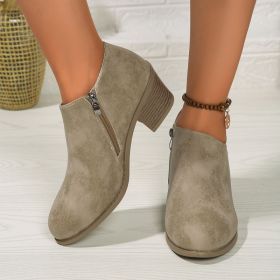 Chunky Heel Round Toe Ankle Boots With Side Zipper Design Fashion Fall Winter Short Boots For Women Shoes (Option: Khaki-40.)