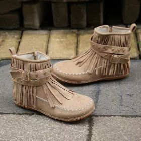 Retro Ankle Boots With Rivet Tassel Flat Shoes Women Winter Boots (Option: Khaki-37.)