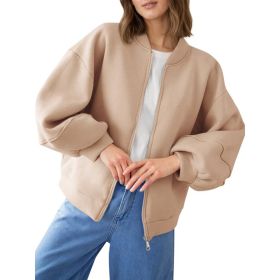 Fisoew Womens Zip Up Sweatshirt Casual Bomber Jacket Lantern Sleeve Oversized Jacket Fall Outfits 2025 (Option: Khaki-XL)