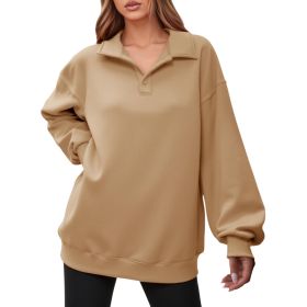 Fisoew Women Collared V Neck Sweatshirt Casual Oversized Long Sleeve Fashion Pullover Tops (Option: Apricot-M)