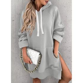 Women's Hooded Sweatshirt With Pockets Fashion Casual Split Mid-length Sweater Drawstring Tops (Option: Gray-S)