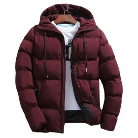 New Men's Pure Cotton Padded Jacket Hooded Coat (Option: Wine Red-L)