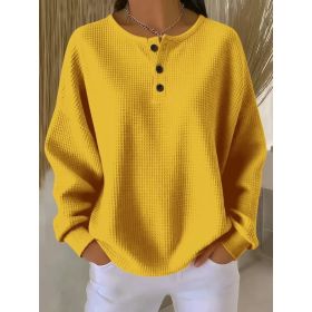 Round Neck Waffle Solid Color Pullover Loose Top (Option: Yellow-S)