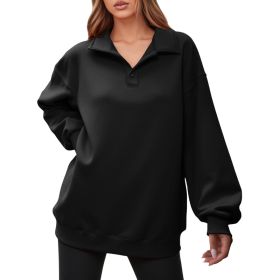 Fisoew Women Collared V Neck Sweatshirt Casual Oversized Long Sleeve Fashion Pullover Tops (Option: Black-M)