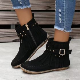 Retro Ankle Boots With Rivet Tassel Flat Shoes Women Winter Boots (Option: Black-38.)