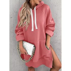 Women's Hooded Sweatshirt With Pockets Fashion Casual Split Mid-length Sweater Drawstring Tops (Option: Pink-S)