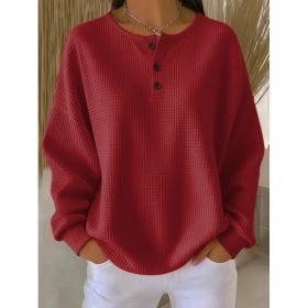 Round Neck Waffle Solid Color Pullover Loose Top (Option: Red-S)