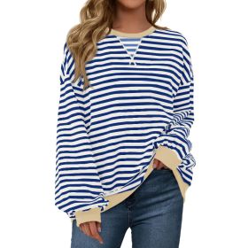 Fisoew Womens Striped Oversized Sweatshirt Color Block Crew Neck Long Sleeve Shirt Casual Loose Pullover Top Y2K Clothes (Option: Blue-3xl)