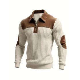 Notched-collar Patchwork Knit Top With Embroidered Zipper Hoodie (Option: Khaki-S)