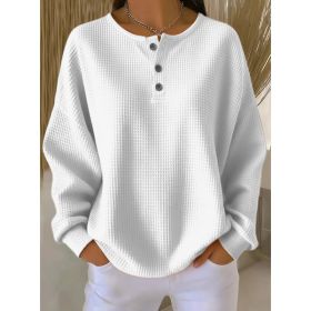 Round Neck Waffle Solid Color Pullover Loose Top (Option: White-L)