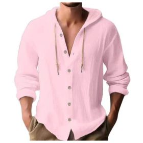 Cotton And Linen Shirt Hooded Sweater Button Long Sleeve (Option: Pink-XXXL)