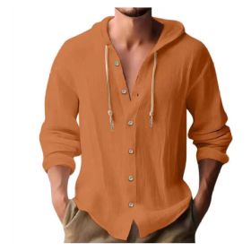 Cotton And Linen Shirt Hooded Sweater Button Long Sleeve (Option: Orange-XXXL)