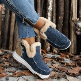 Fleece-lined Thick Plush Boots Warm Sewing Flat Cotton Shoes Winter Ankle Boot (Option: Dark Blue-42)