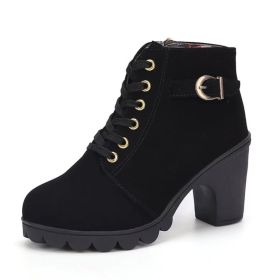 Fashoin Leopard Print Ankle Square Heel Suede Lace-up Zip Boots Women Casual Versatile Shoes Autumn And Winter (Option: Black-41)