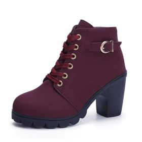 Fashoin Leopard Print Ankle Square Heel Suede Lace-up Zip Boots Women Casual Versatile Shoes Autumn And Winter (Option: Wine Red-39)