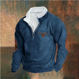 Retro Patchwork Half Cardigan Men's Long-sleeved Sweater (Option: Dark Blue-5XL)