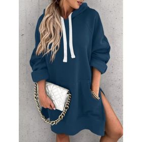 Women's Hooded Sweatshirt With Pockets Fashion Casual Split Mid-length Sweater Drawstring Tops (Option: Navy Blue-M)