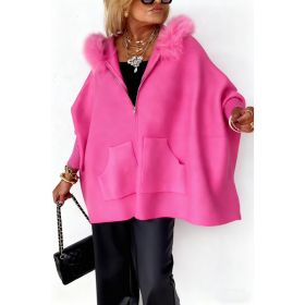 Ins Plush Hooded Cardigan Fashion Warm Pockets Zip-up Knitted Jacket Casual Outerwear Batwing Sleeve Sweater Women's Clothing (Option: Pink-L)