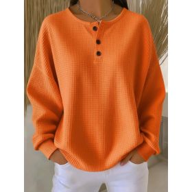 Ins Waffle Long-sleeved T-shirt Fashion Solid Color Buttons Round Neck Pullover Top Women's Clothing (Option: Orange-3XL)