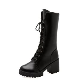 Thick Bottom Increased By Lace-up Booties All-match Middle Tube Motorcycle Boots (Option: Black-40)
