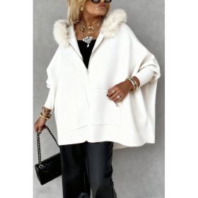 Ins Plush Hooded Cardigan Fashion Warm Pockets Zip-up Knitted Jacket Casual Outerwear Batwing Sleeve Sweater Women's Clothing (Option: White-XXL)