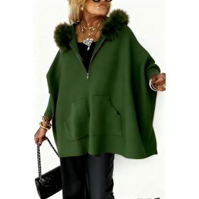 Ins Plush Hooded Cardigan Fashion Warm Pockets Zip-up Knitted Jacket Casual Outerwear Batwing Sleeve Sweater Women's Clothing (Option: Green-XXL)